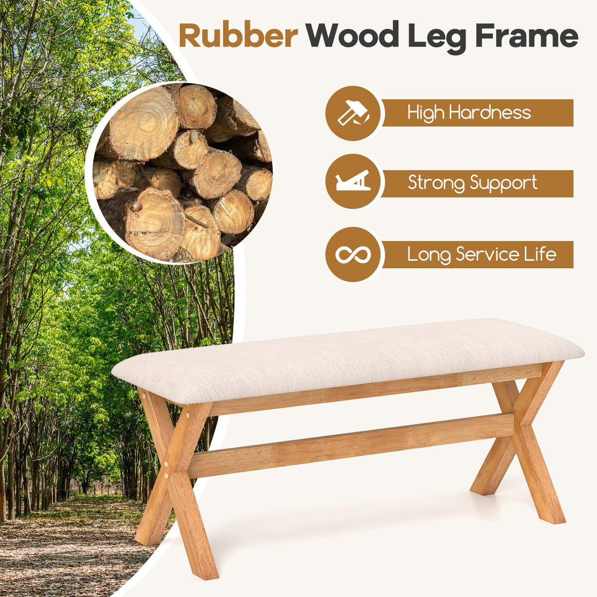 Goflame Upholstered Long Entryway Bench, Rubber Wood Dining Bench with Padded Seat, 43.5x15.5x17.5 Inches, 400 Lbs Capacity