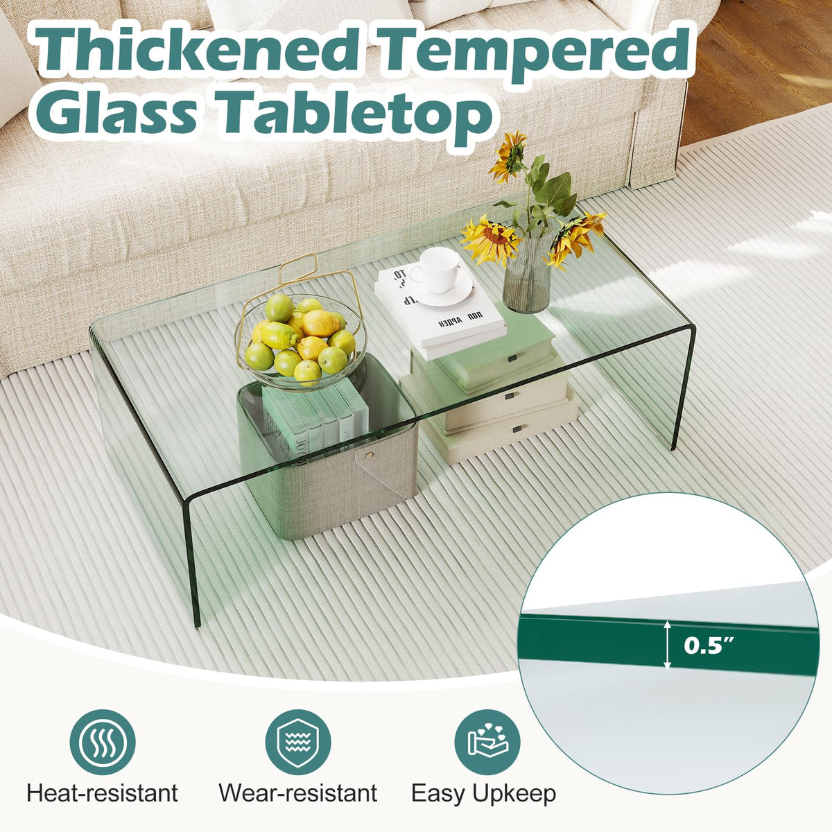 Goflame 40 Inch Clear Center Coffee Table with Tempered Glass Top & Round Edges