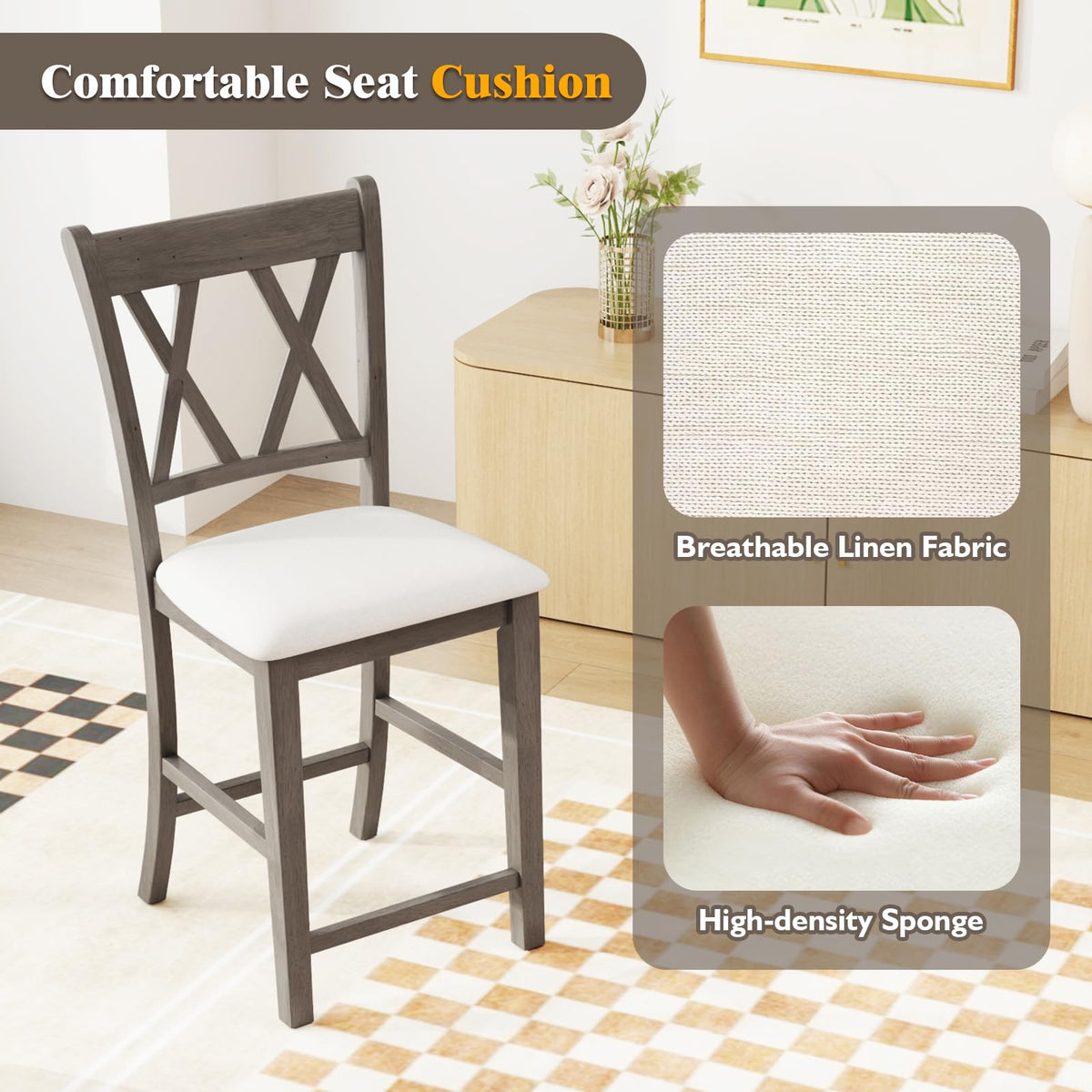 Goflame Wood Bar Stools Set of 2/4, 24" Counter Height Bar Stools w/Cross Back & Linen Fabric Upholstered Seat