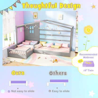 Goflame Double Twin Beds for Kids, House L-Shaped Platform Beds with Window & Fences