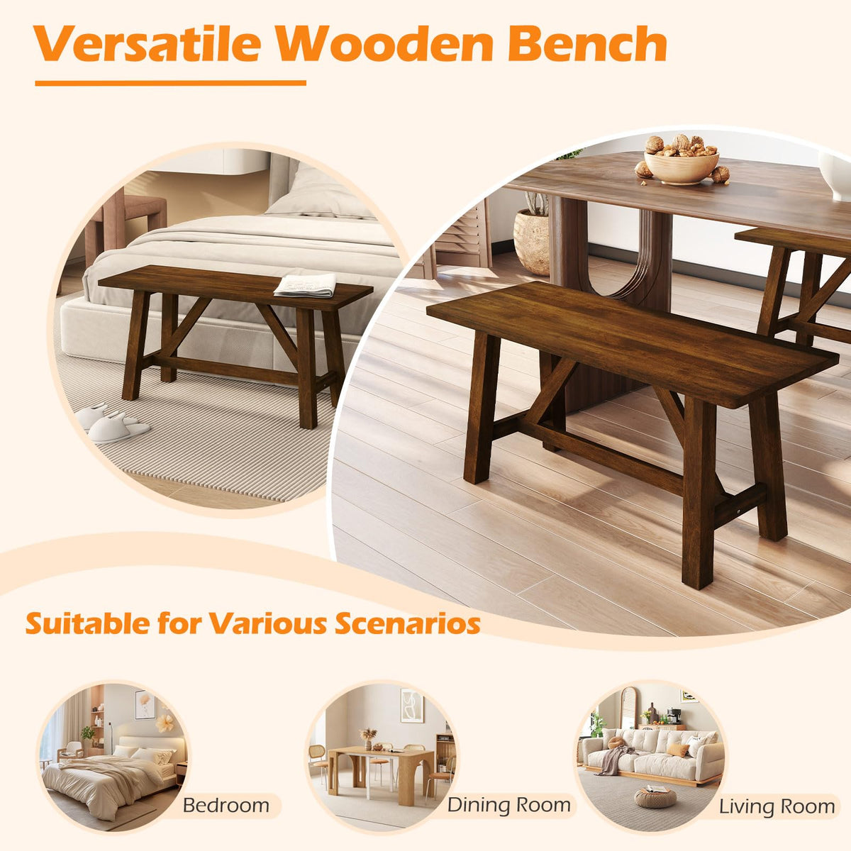 Goflame 38" Wooden Dining Bench Farmhouse Entryway Bench with Rubber Wood Frame