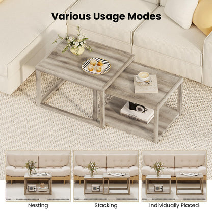 Goflame Nesting Coffee Tables Set of 2 with Storage Shelf Rubber Wood