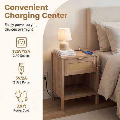 Goflame Rattan Night Stand with Drawer and Open Shelf (1/2)