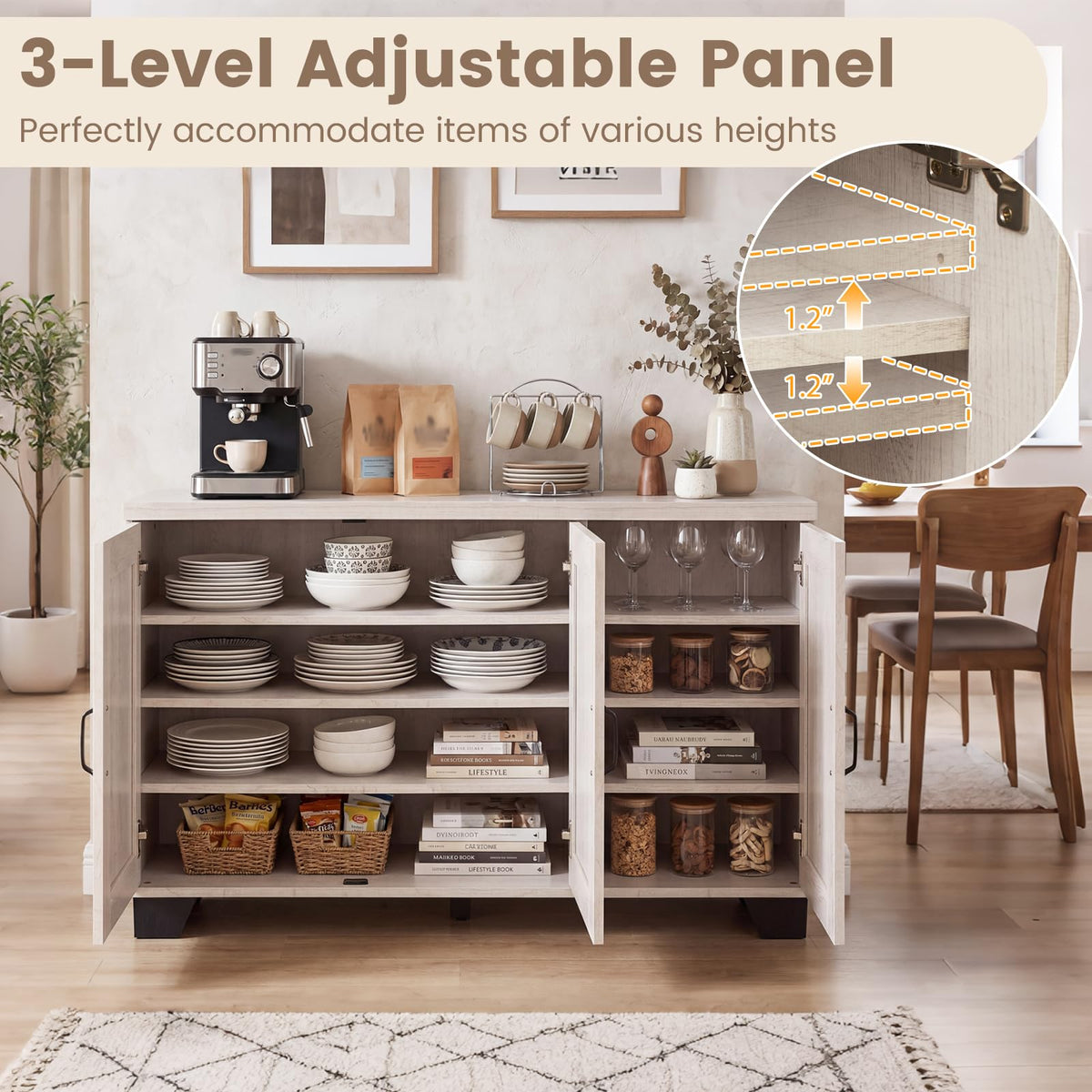 Goflame Sideboard Buffet Cabinet | 45" Farmhouse Coffee Bar Cabinet with 3 Doors & Adjustable Shelves