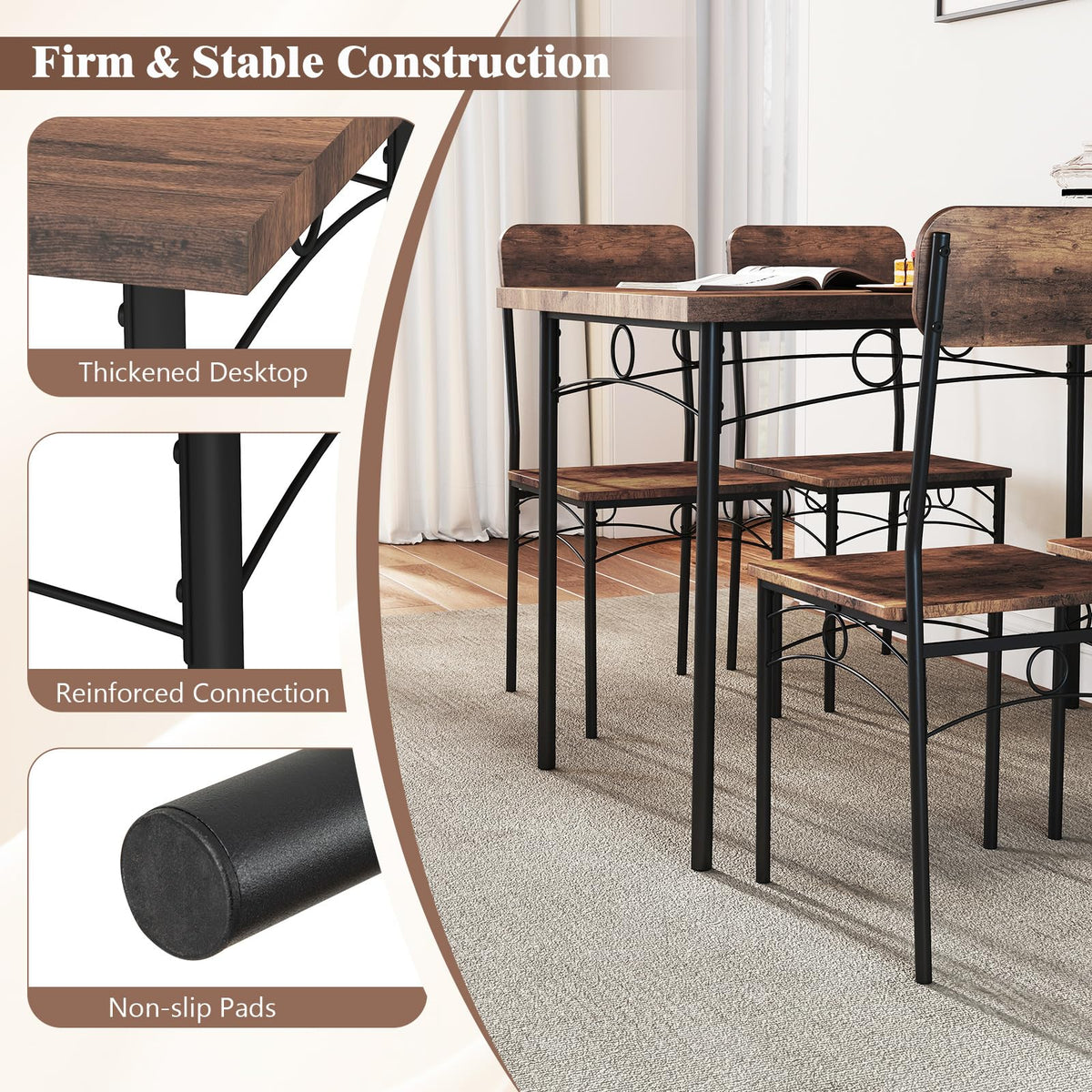 Goflame Rectangle Kitchen Table and 4 Farmhouse Dining Chairs with Heavy-Duty Metal Frame