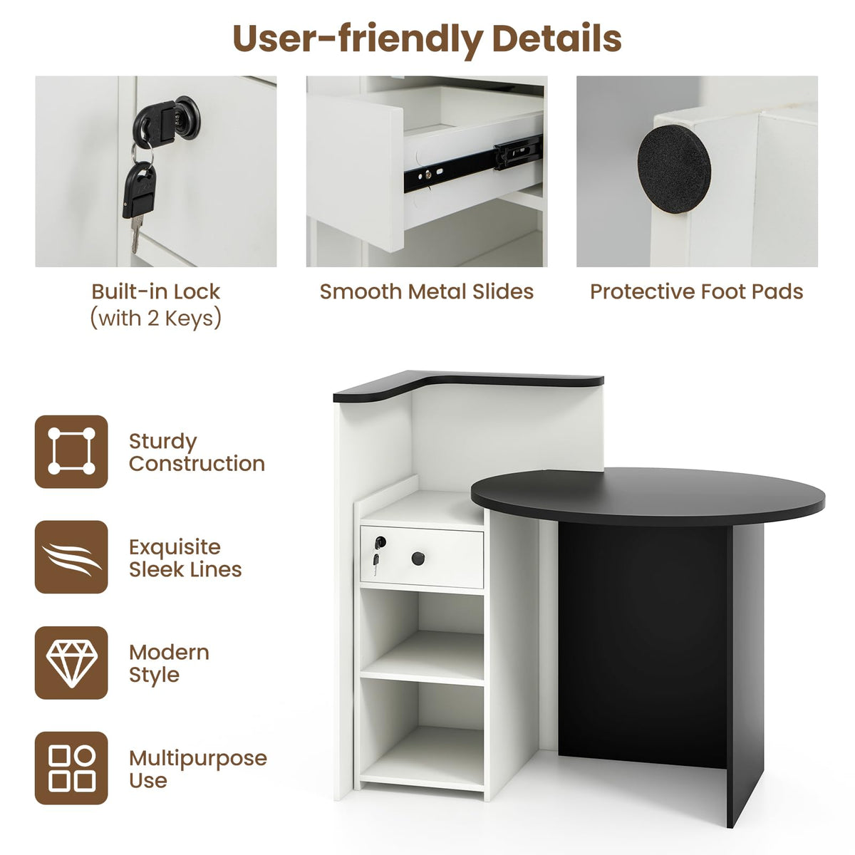 Goflame Reception Desk, Front Counter Desk with Lockable Drawer, Checkout Table with Round Tabletop