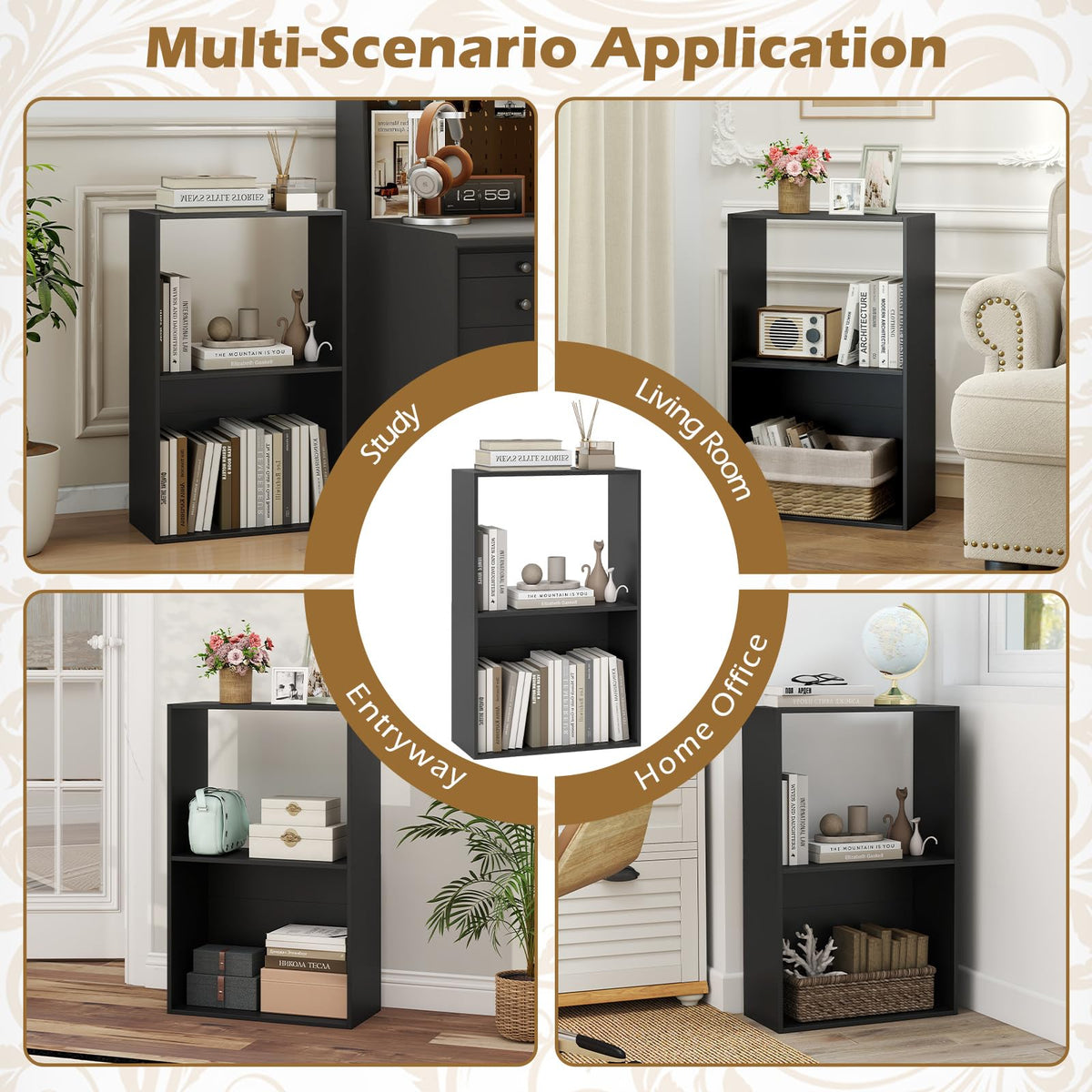 Goflame 3-Tier Bookshelf | 2-Cube Bookcase w/Open Storage Compartment (1/2)