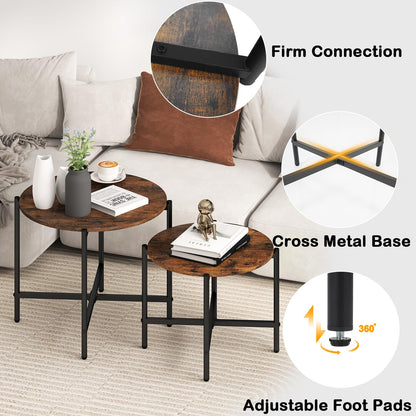 Goflame Round Coffee Table Set of 2, Nesting Tables with Metal Frame, Imitated Wood Grain Top