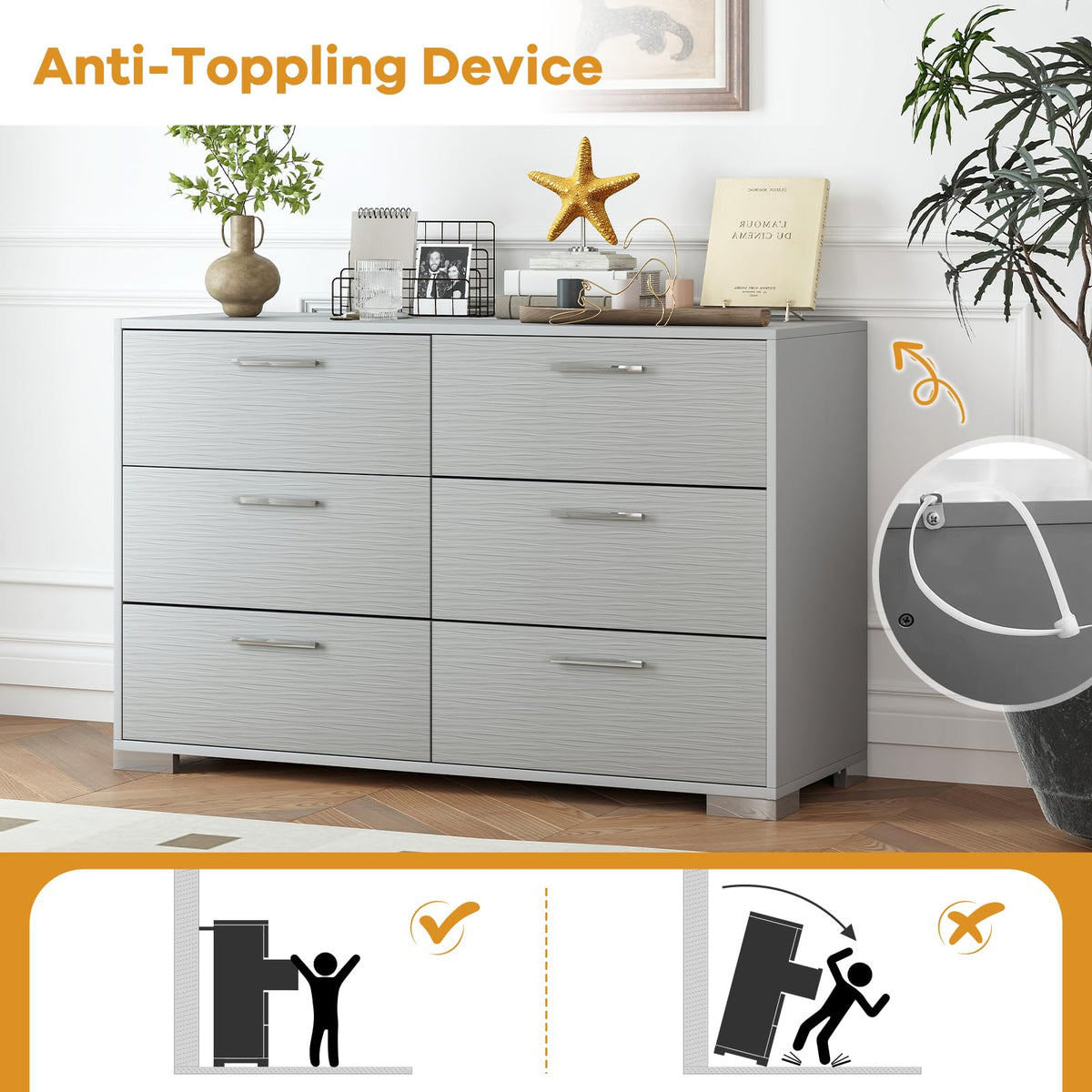 Goflame Storage Cabinet with 6 Drawers, Metal Legs & Handles, Anti-Toppling Devices, Grey