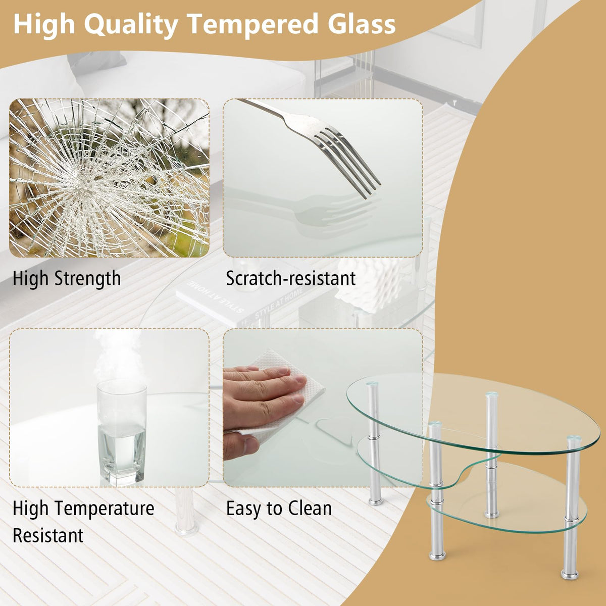 Goflame Oval Glass Coffee Table - 3-Tier Transparent Tempered Glass Center Table with Metal Stand, 35"× 20" ×18"
