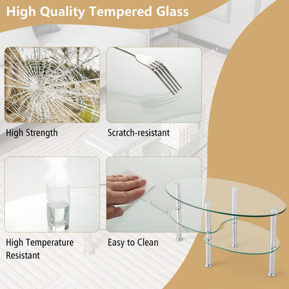 Goflame Oval Glass Coffee Table - 3-Tier Transparent Tempered Glass Center Table with Metal Stand, 35"× 20" ×18"