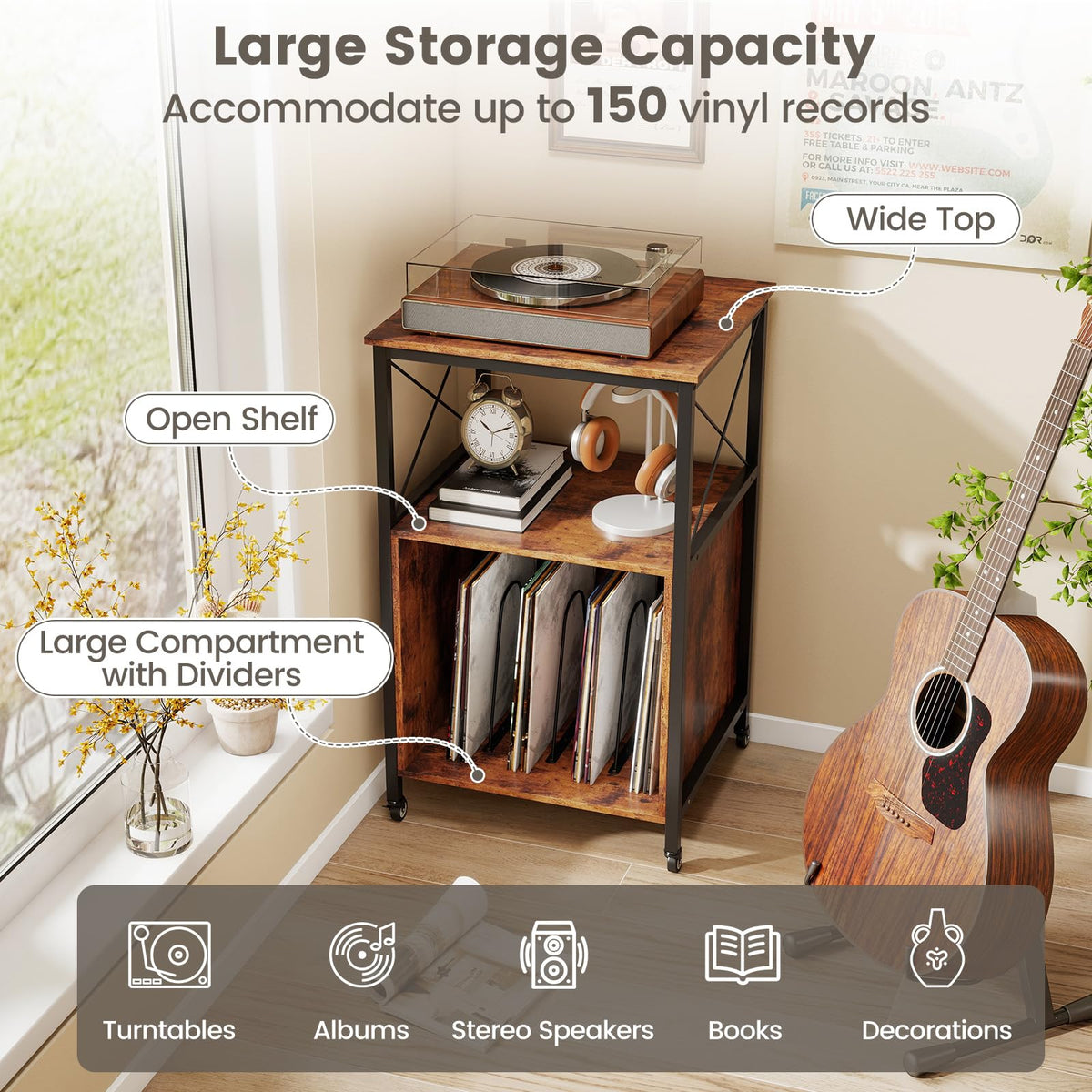 Goflame Record Player Stand with Charging Station Rolling 3-Tier Turntable Stand