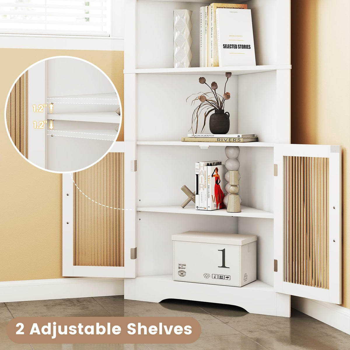 Goflame 67" Tall Corner Cabinet Space-Saving Triangular Storage Cabinet w/ 4 Tempered Glass Doors