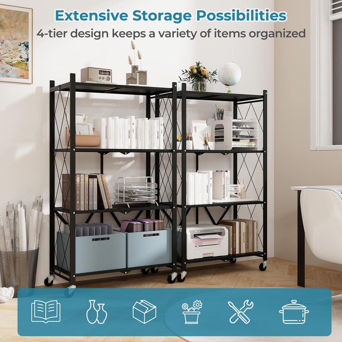 Goflame 4-Tier Foldable Storage Shelf, Collapsible Shelving Unit Display with Lockable Wheels