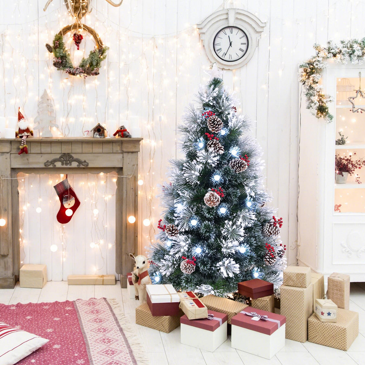 Goflame Pre-lit Fiber Optic Christmas Tree, Artificial Snowy Xmas Tree with 49 Cool White LED Lights