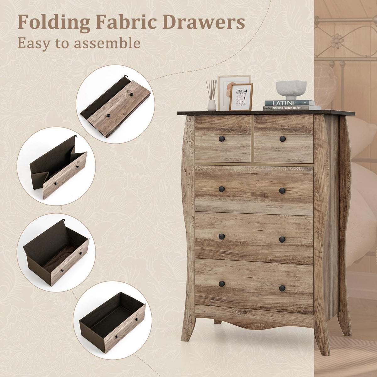 Goflame Storage Cabinet with Foldable & Detachable Fabric Drawers, Anti-Tipping Kit, 26.5” x 15” x 38” Farmhouse Floor Cabinet