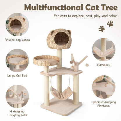 Goflame Wooden Cat Tree, 48 inches Cat Tower with Cattail Condo, Cat Bed, Hammock, Rotatable Jingling Balls