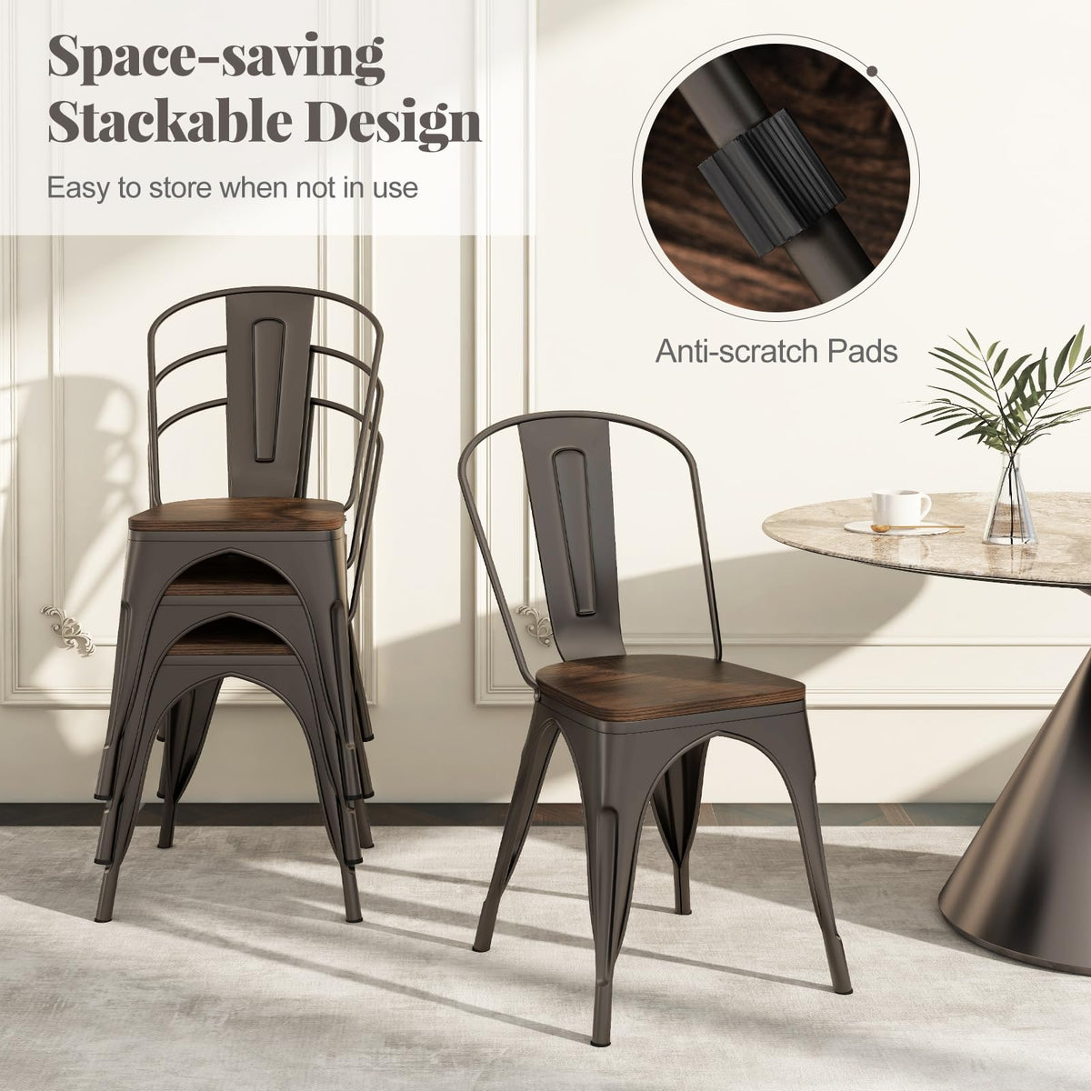 Goflame Metal Dining Chairs Set of 4, Stackable Kitchen Chairs with Wood Seat & Removable Backrest