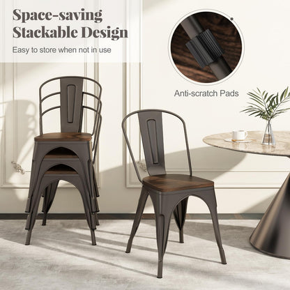 Goflame Metal Dining Chairs Set of 4, Stackable Kitchen Chairs with Wood Seat & Removable Backrest