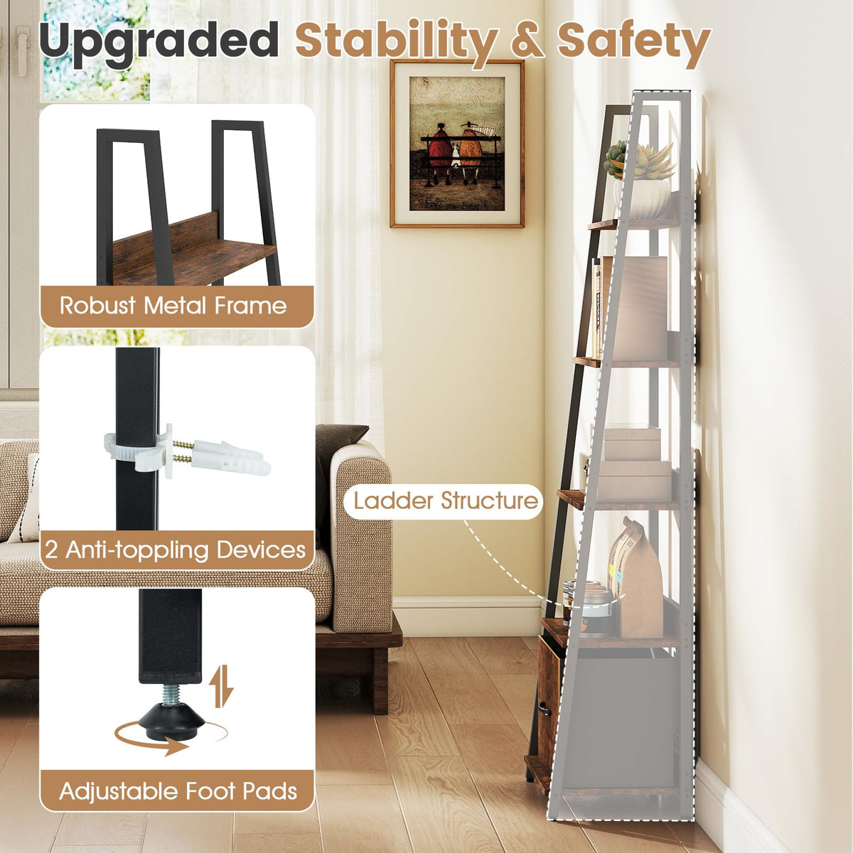 Goflame 5-Tier Industrial Ladder Bookshelf with Removable Fabric Drawer (1/2)