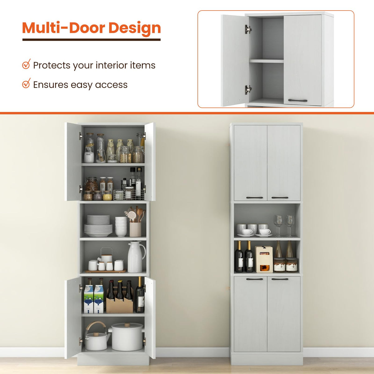 Goflame Kitchen Pantry Cabinet, 75” Tall Freestanding Cupboard with Doors & Shelves