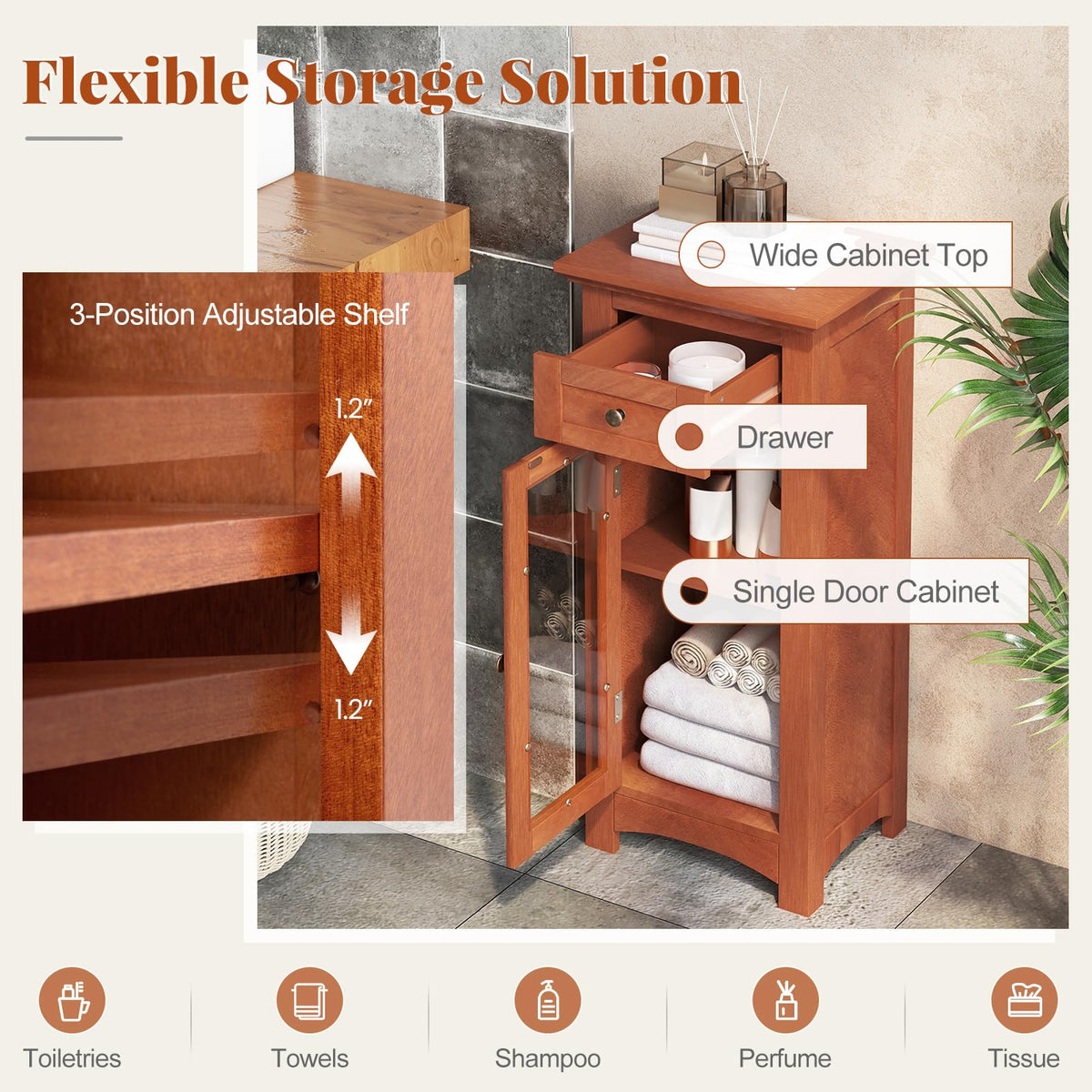 Goflame Small Bathroom Storage Cabinet, Freestanding Narrow Bathroom Cabinet with Single Glass Door, Drawer