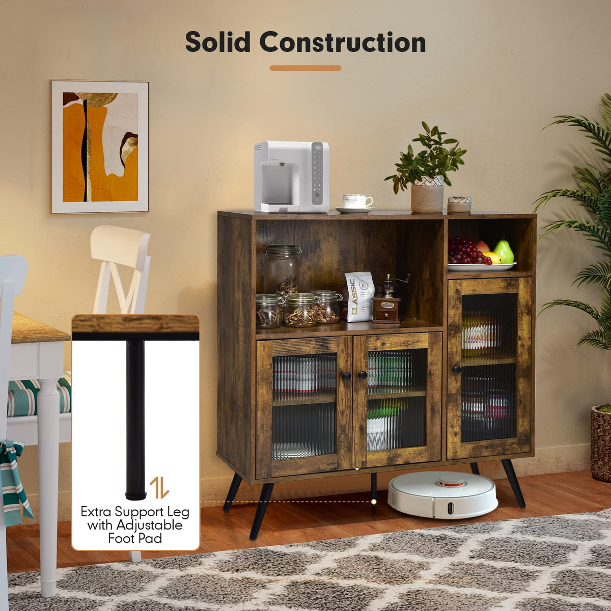 Goflame Storage Cabinet, Industrial Buffet Sideboard with Storage, 3 Door Wood Cupboard, 2 Creadenzas 2 Shelves