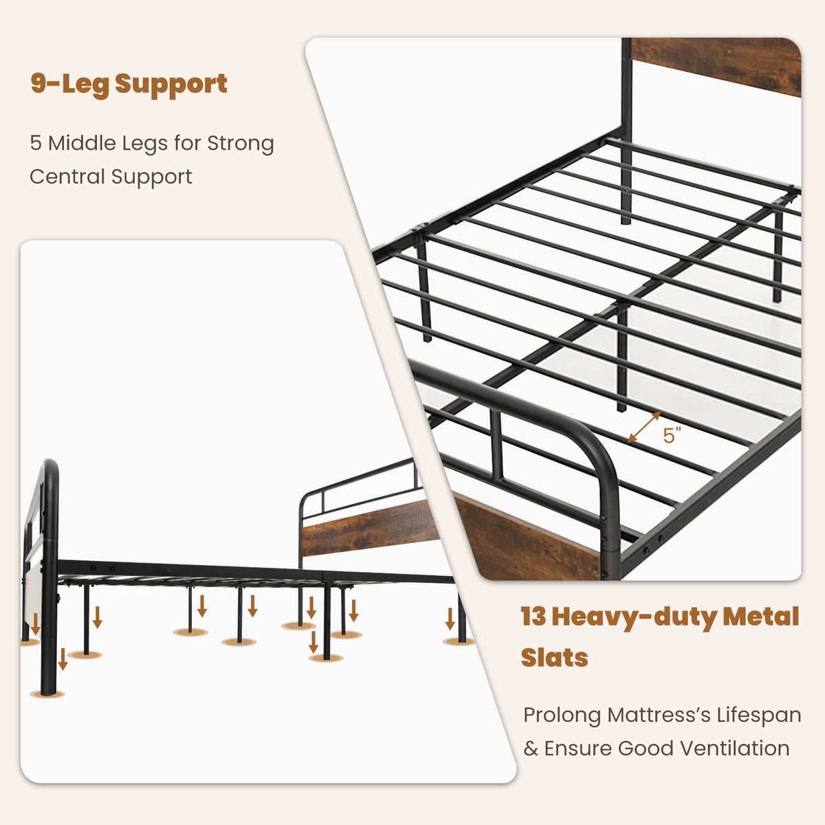 Goflame Full Size Metal Bed Frame with Wood Headboard and Footboard