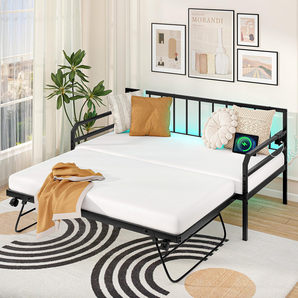 Goflame Twin Daybed with Trundle, Twin Bed Frame with Charging Station & LED Lights, Metal Trundle Bed Twin w/Steel Slats Support