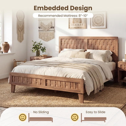 Goflame Wood Bed Frame with Woven Headboard (Full/Twin/Queen)