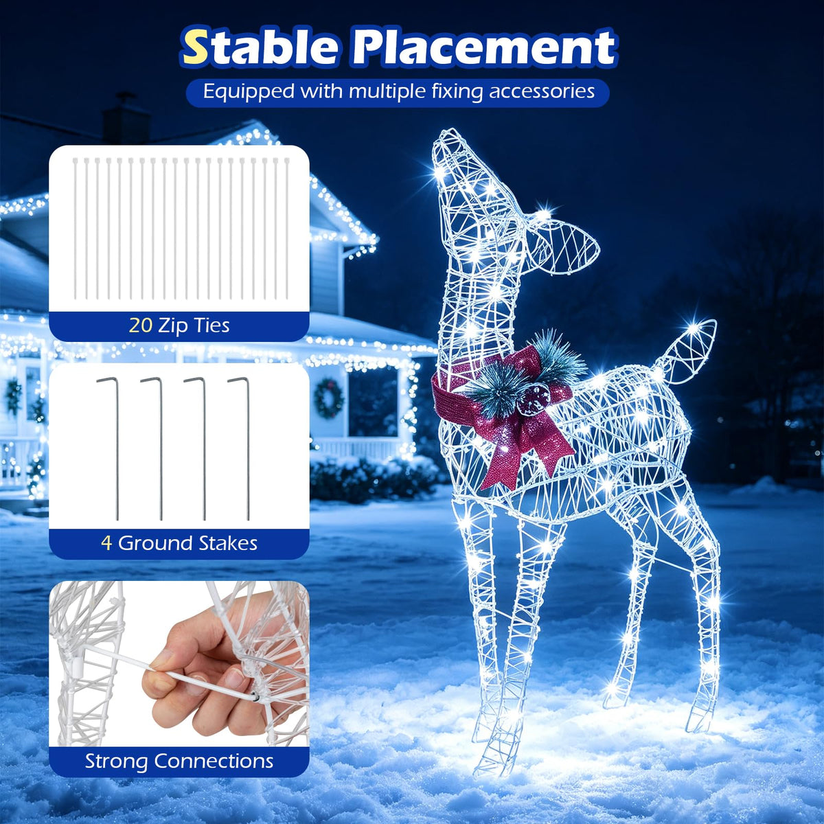 Goflame Christmas Pre-Lit Reindeer | 50 Cold White LED Lights & Red Bow Stakes & Zip Ties Included