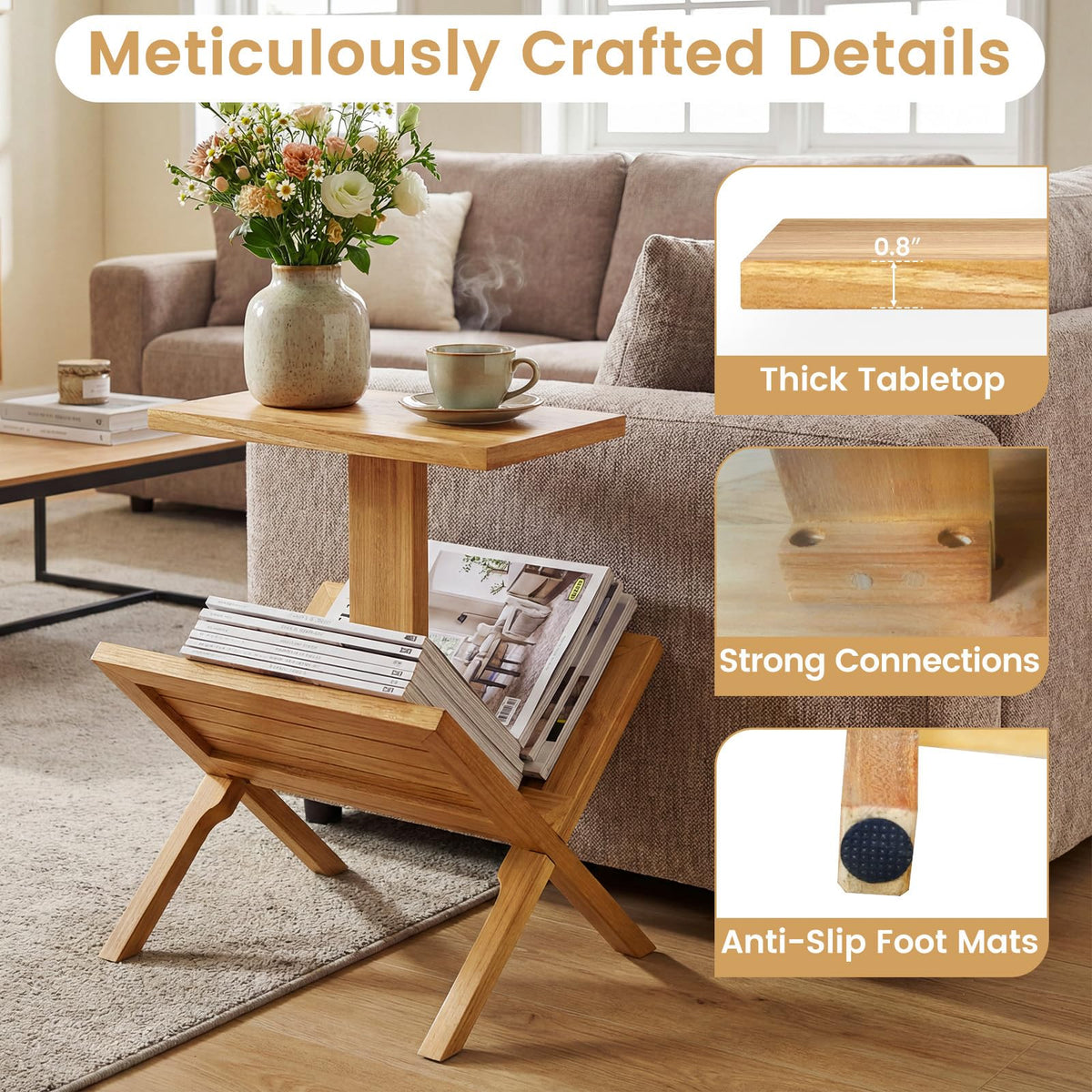 Goflame Side Table Teak Wood Set of 1/2 2-Tier Sofa Couch End Table