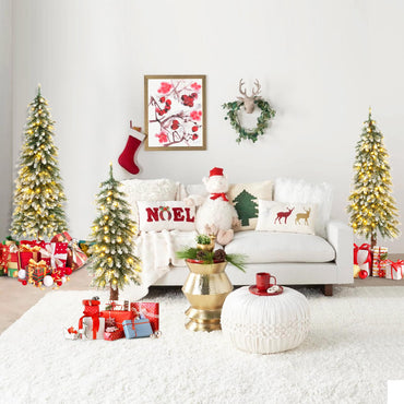 Goflame 3' 4' 5' Pre-Lit Artificial Christmas Tree Set, Slim Pencil Xmas Trees with Snowy Leaves
