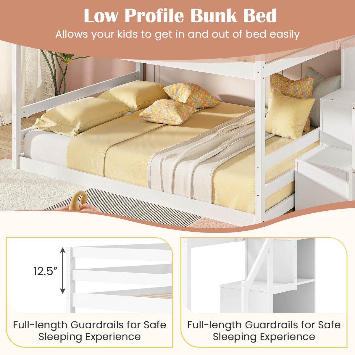 Goflame Bunk Bed with Stairs, Solid Wood Floor Bunk Bed with Storage Staircase & Full-Length Guardrails