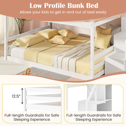 Goflame Bunk Bed with Stairs, Solid Wood Floor Bunk Bed with Storage Staircase & Full-Length Guardrails