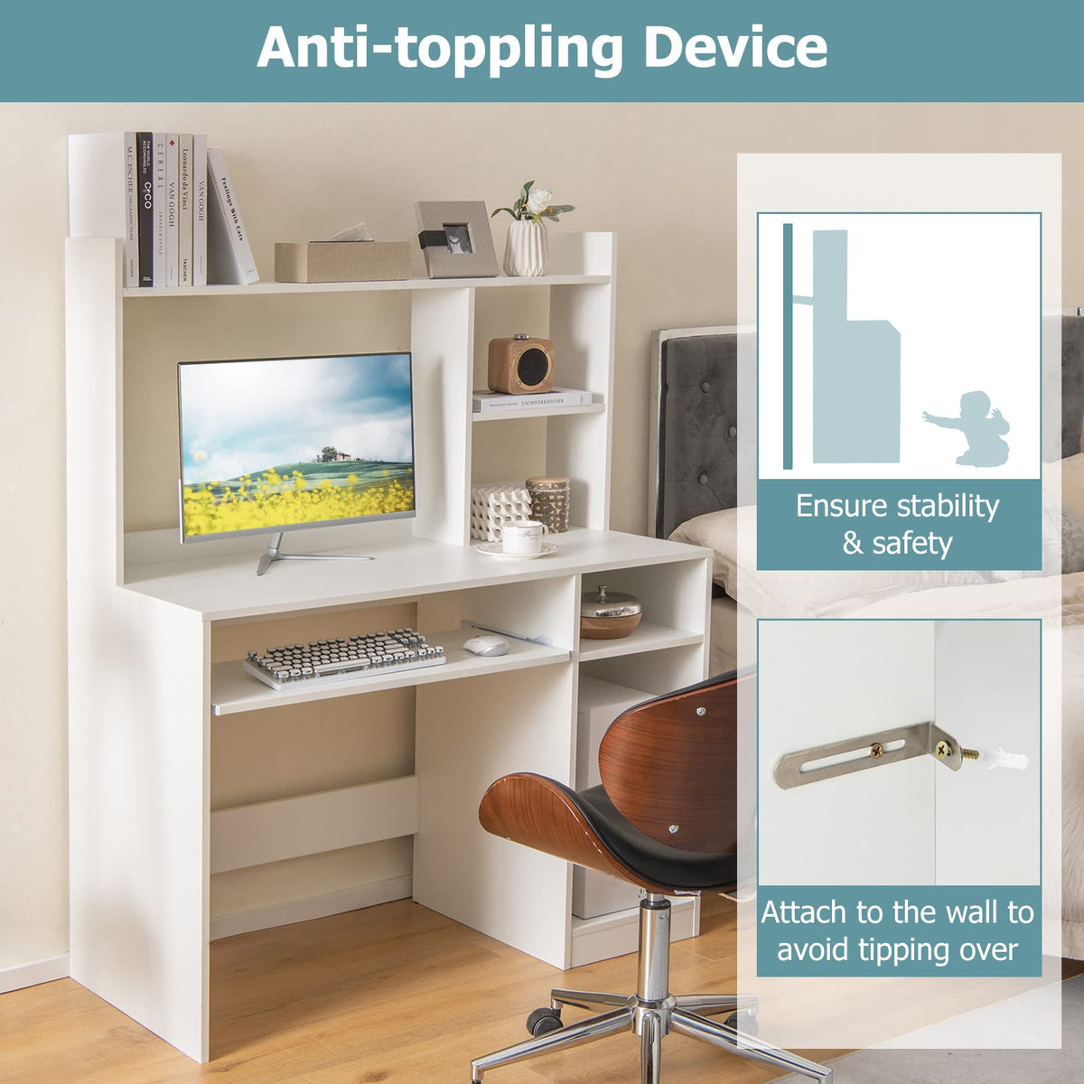 Goflame White Computer Desk with Hutch and Bookshelf