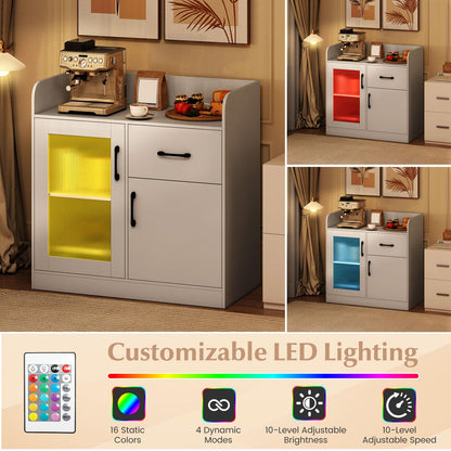 Goflame RGB LED Buffet Sideboard | White Kitchen Storage Cabinet with Charging Station