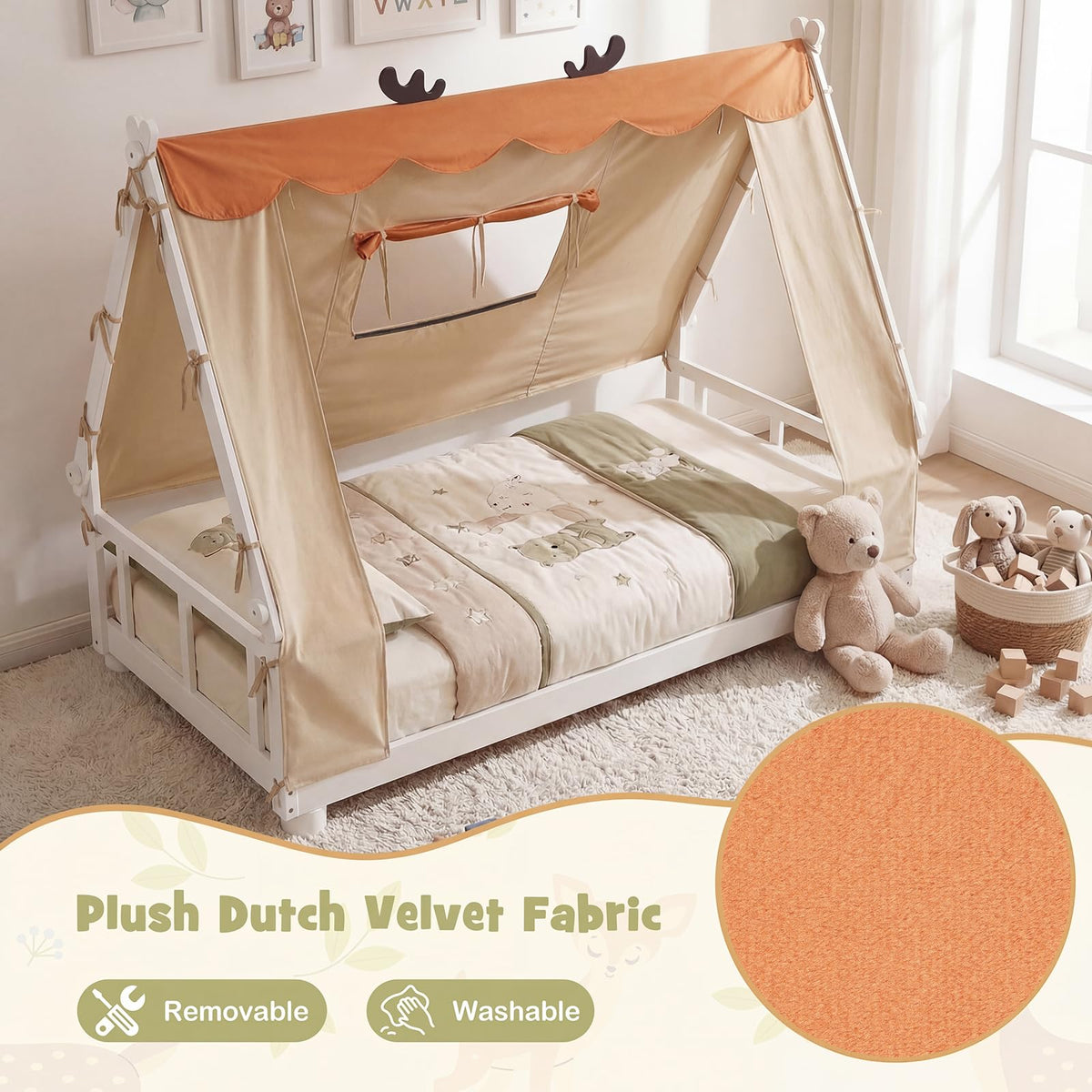 Goflame Twin Size House Floor Wood Bed with Tent