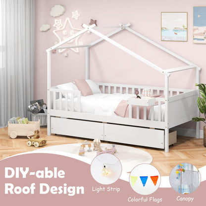 Goflame Twin House Bed with Drawers, Wooden Twin Bed Frame with Cube Storage & Fence Rails