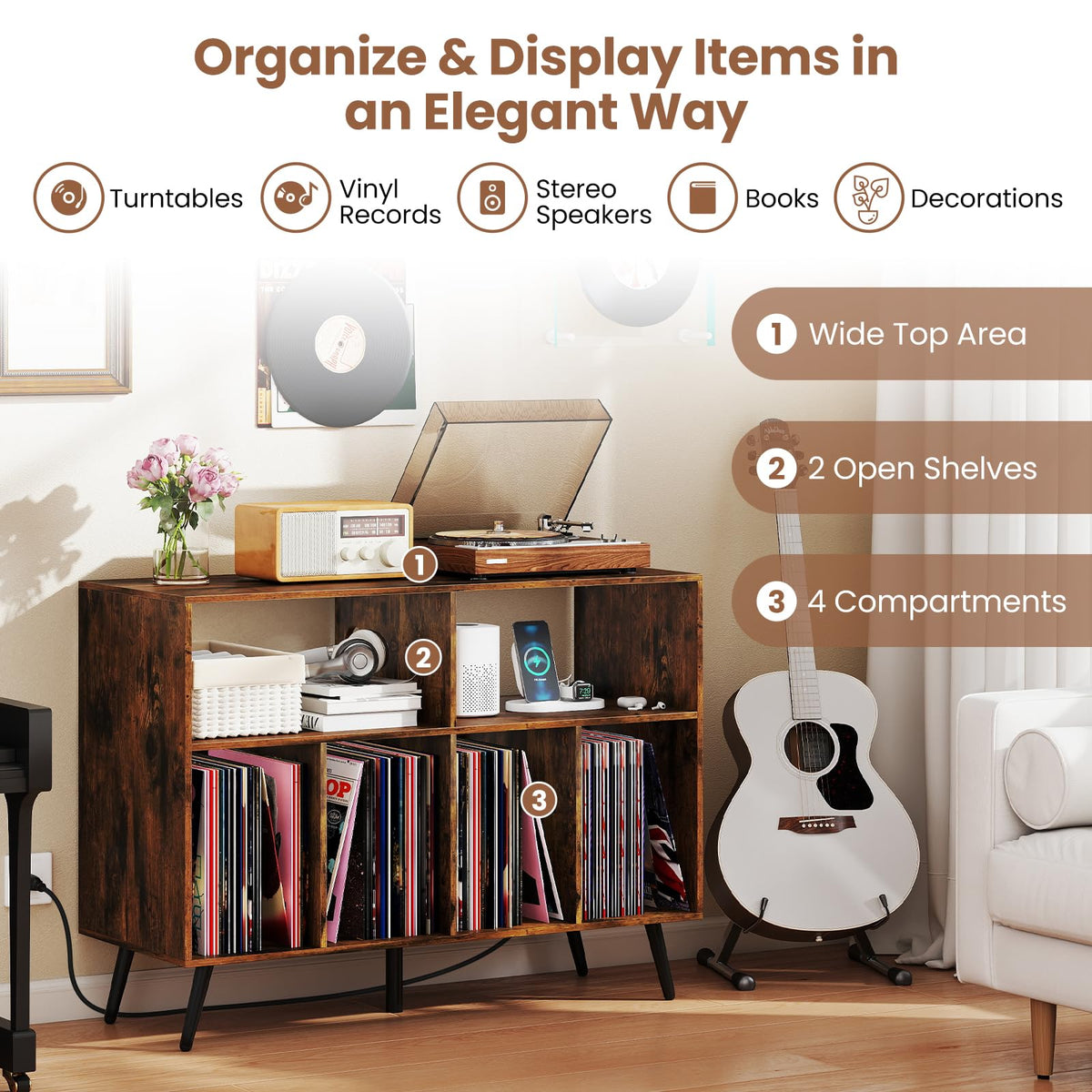 Goflame Large Record Player Stand with Charging Station
