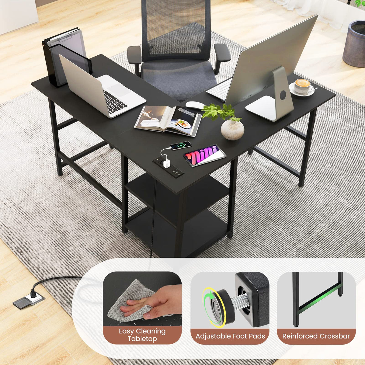 Goflame L Shaped Desk with Power Outlets & USB Ports, 48" Corner Gaming Desk with 2 Tier Storage Shelves