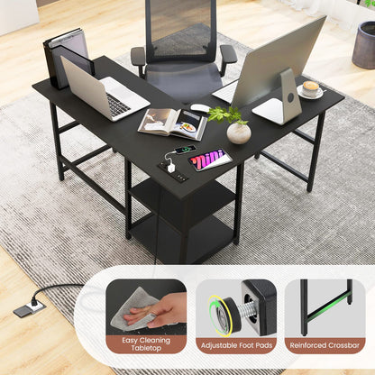 Goflame L Shaped Desk with Power Outlets & USB Ports, 48" Corner Gaming Desk with 2 Tier Storage Shelves