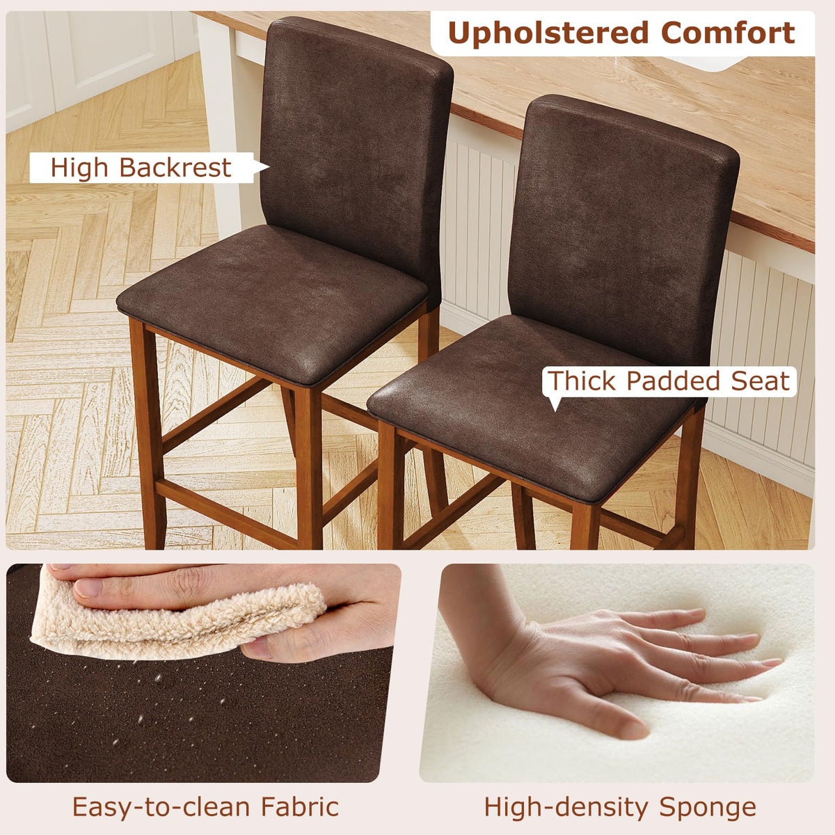Goflame 26" Bar Stools Set of 2/4 Upholstered Counter Height Bar Chairs with Solid Rubber Wood Legs