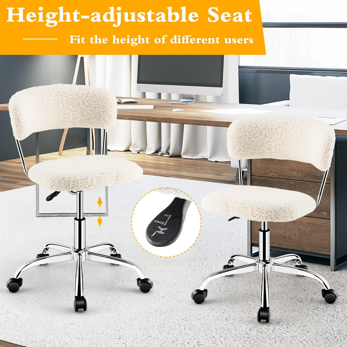 Goflame Home Office Chair, Faux Fur Low Back Swivel Leisure Chair w/Height Adjustable Padded Seat