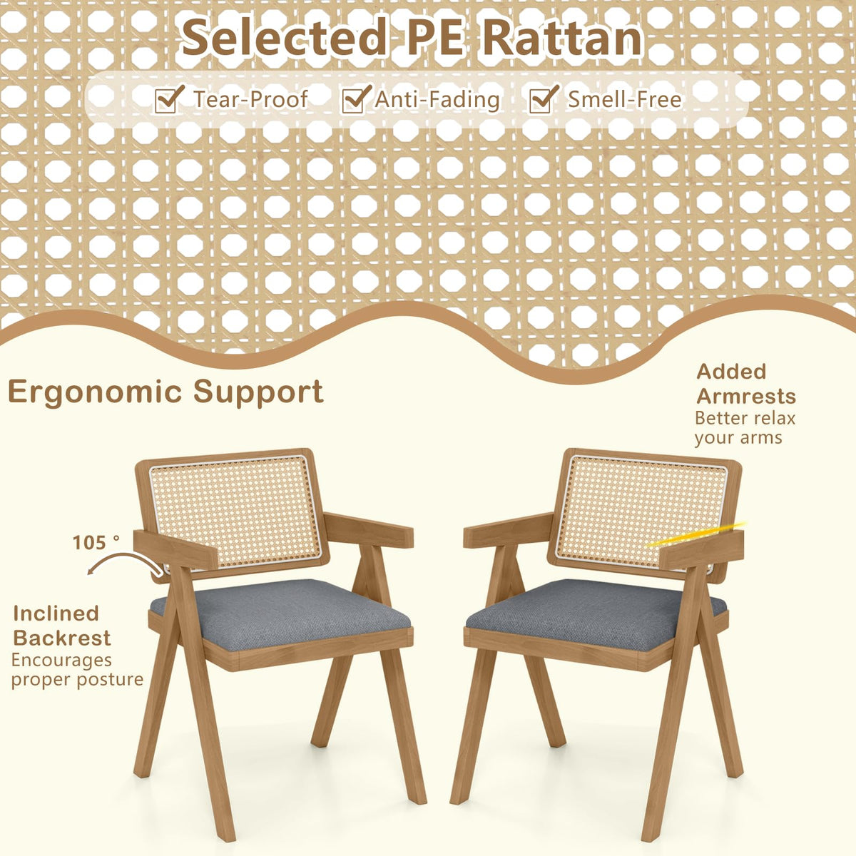 Goflame Rattan Dining Chairs, Leathaire Kitchen Chairs w/Armrests & Padded Cushion