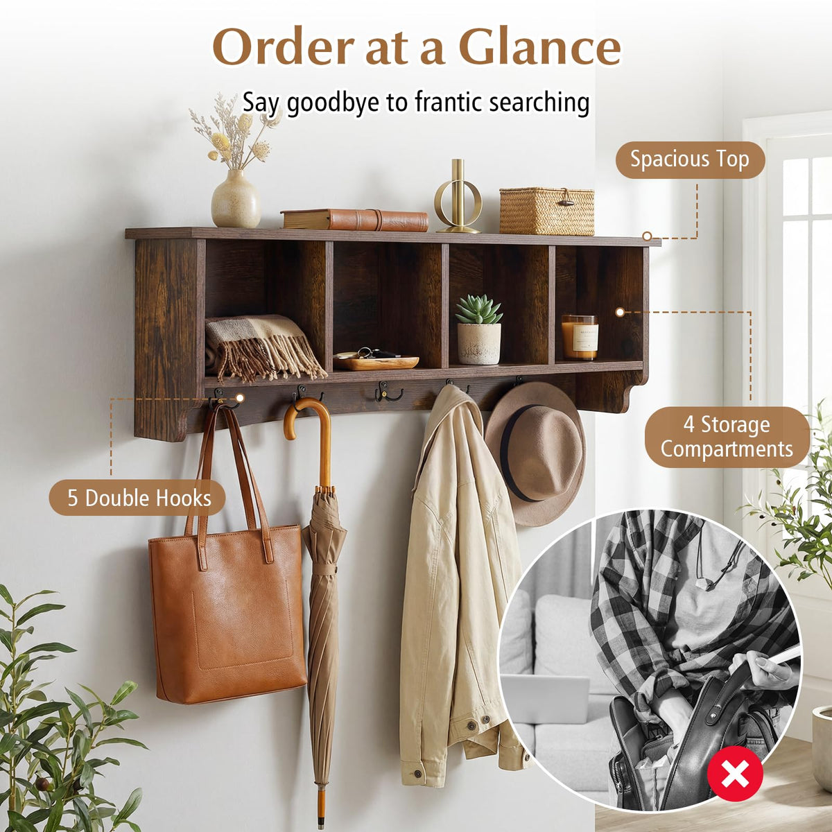 Goflame Wall Mounted Coat Rack with 4 Cubbies & 5 Double Hooks