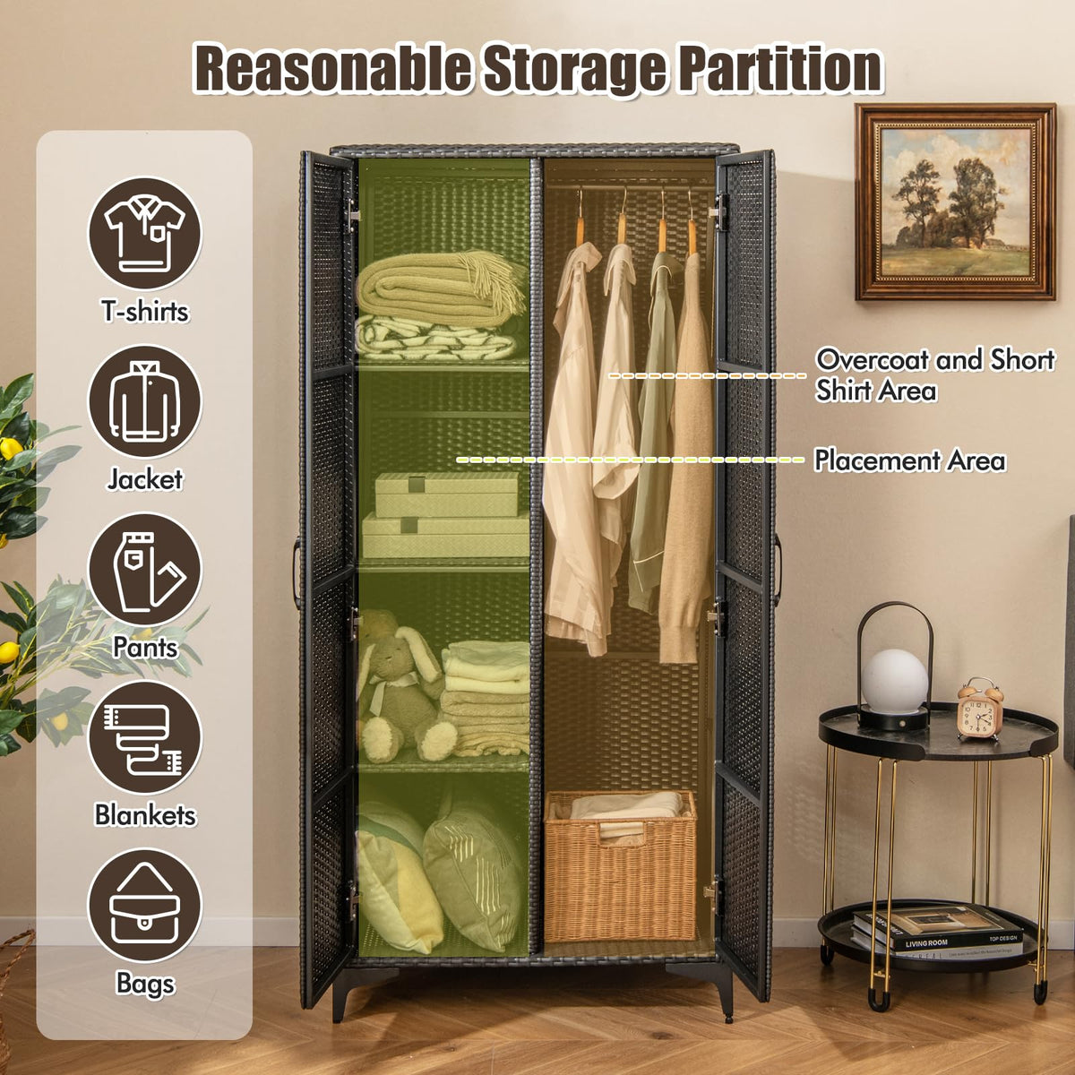 Goflame Wicker Storage Cabinet, 62” Tall Pantry Cabinet with 2 Doors, Hanging Rod, 4 Storage Cubes
