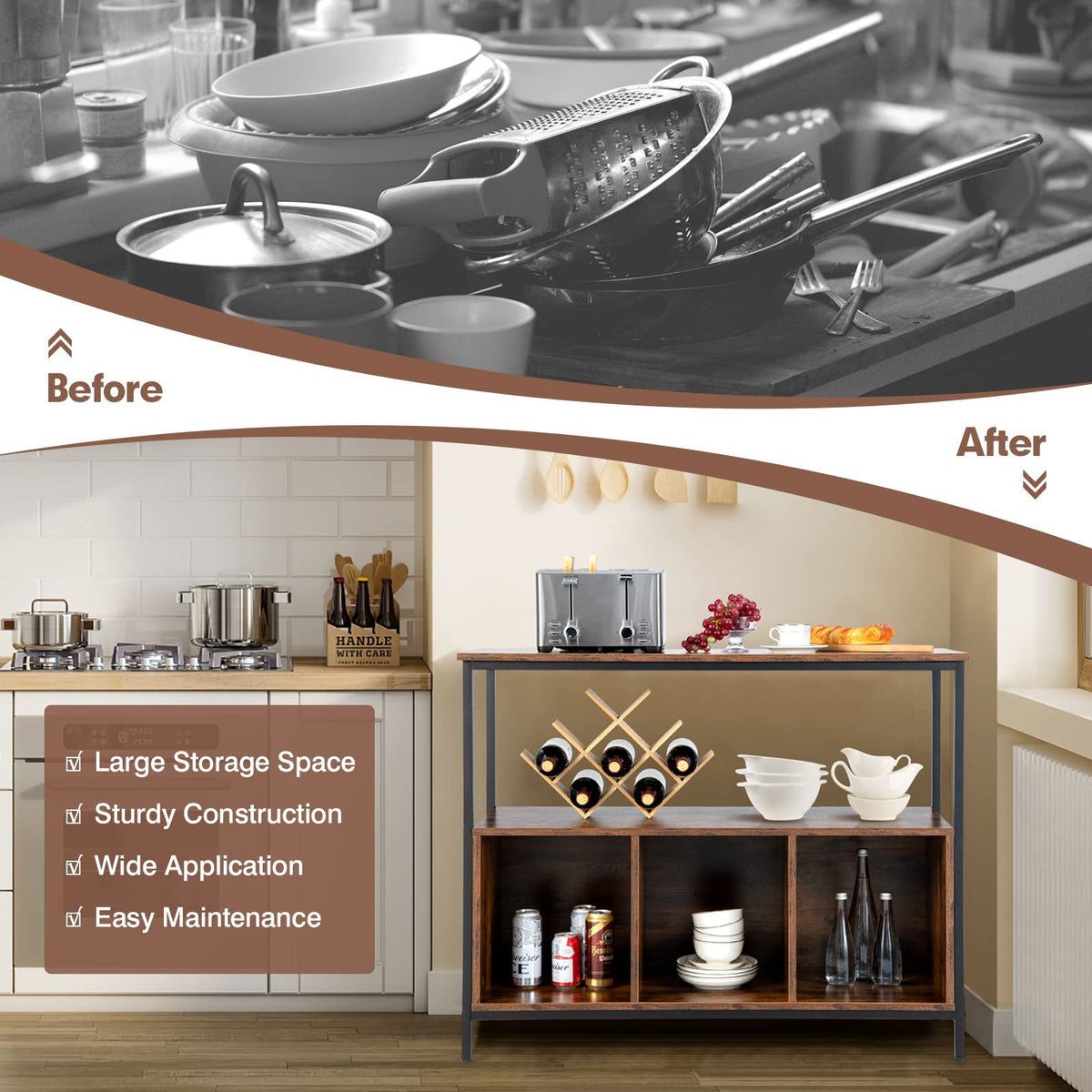 Goflame Buffet Sideboard, Wooden Cupboard, Kitchen Pantry w/Spacious Countertop, Large Open Shelf, 3 Cube Storage Cabinet