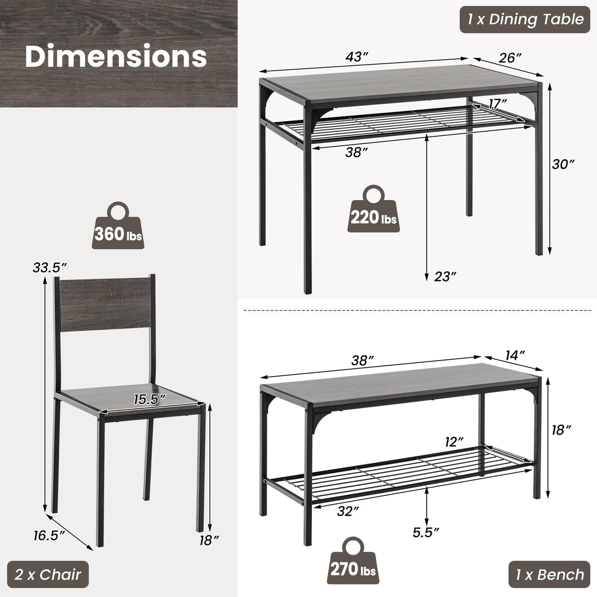 Goflame Dining Table Set for 4, Kitchen Table with Chairs & Bench, Storage Racks