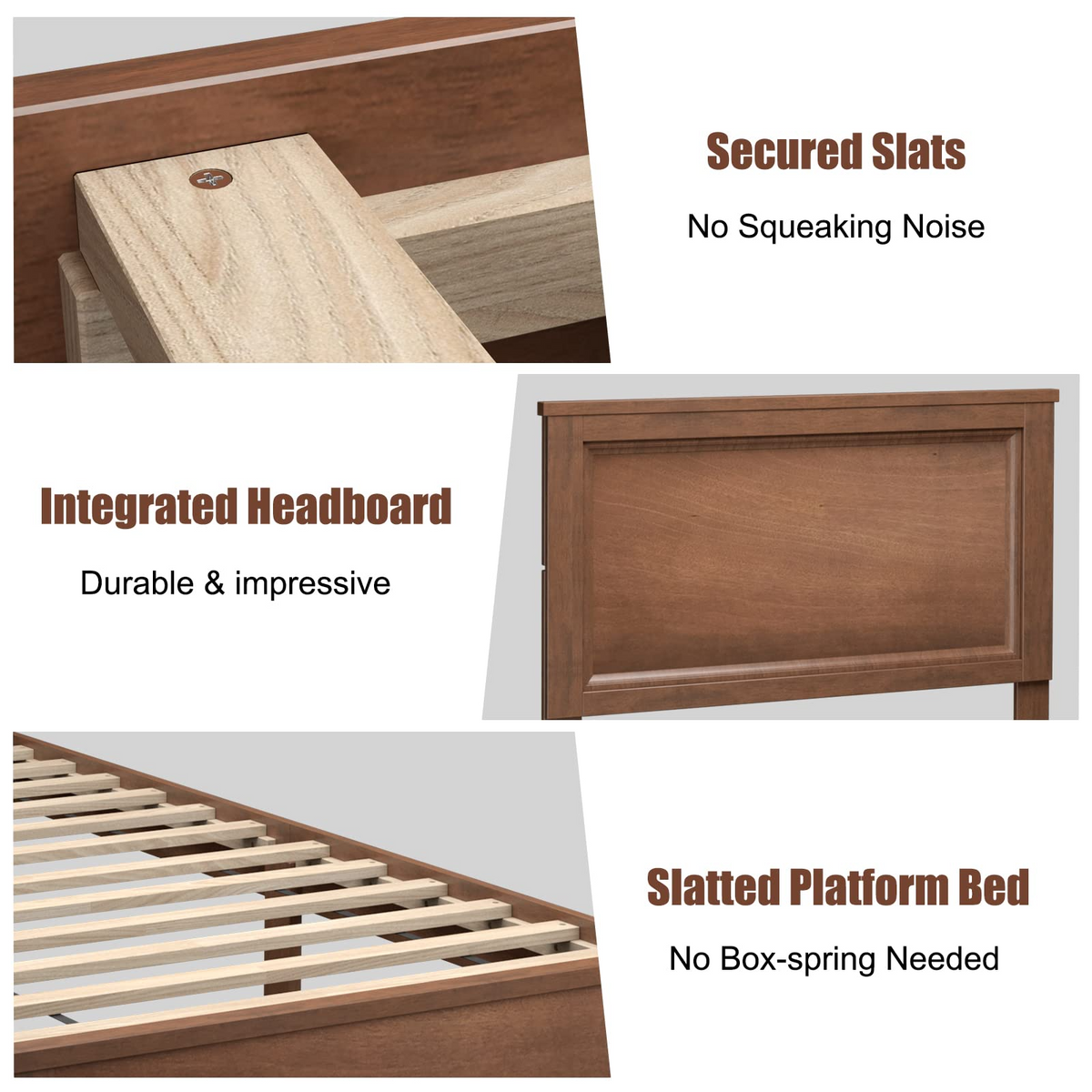 Queen/Full/Twin Size Platform Bed w/ Rubber Wood Legs & Integrated Headboard | Wooden Bed Frame